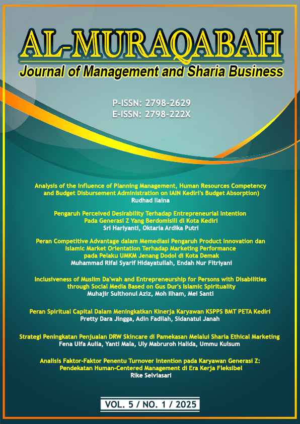					View Vol. 5 No. 1 (2025): Al-Muraqabah: Journal of Management and Sharia Business
				